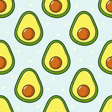 Avocado seamless pattern with cute cartoon fruit and hearts Stock Illustration