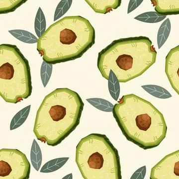 Avocado seamless pattern design with fruits and leaves. Avocado pattern vecto Stock Illustration