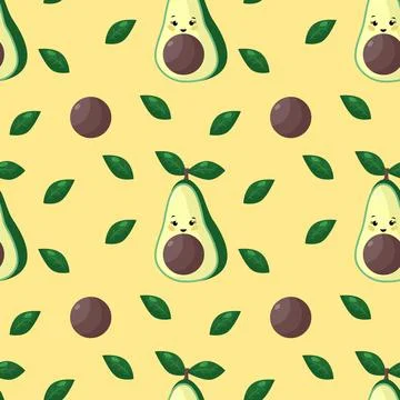 Avocado seamless pattern with leaves vector illustration. Cute drawn avocado Stock Illustration