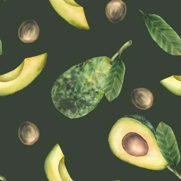 Avocado seamless pattern with leaves, whole and slices fruit and seed. Wate.. Illustrazione stock