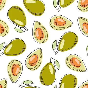Avocado seamless pattern line art, flat style. Avocado one cut in half with bone Illustrazione stock