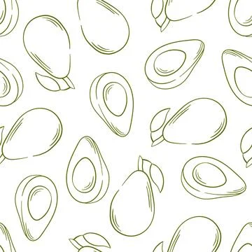Avocado seamless pattern in line art style. Monochrome hand drawn design for Stock Illustration