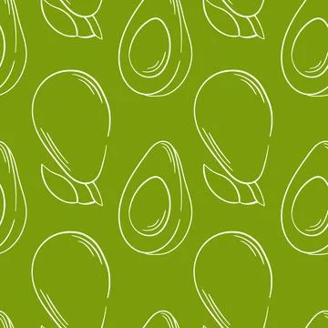 Avocado seamless pattern in line art style on green background. Design for Stock Illustration