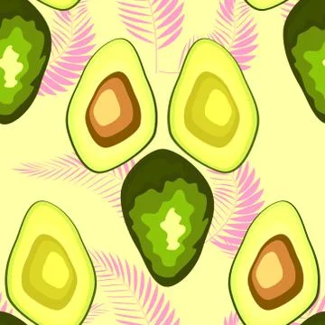 Avocado seamless pattern with pink tropical leaves on white background. Decor Stock Illustration
