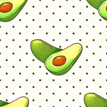 Avocado seamless pattern with polka dots. Whole avocados, sliced pieces, cut Illustrazione stock
