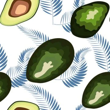 Avocado seamless pattern with tropical leaves of palm tree, background. Stock Illustration