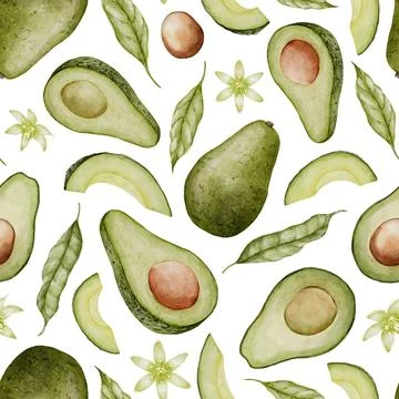 Avocado seamless Pattern. Watercolor background of green food. Hand drawn Illustrazione stock