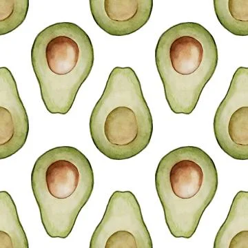 Avocado seamless Pattern. Watercolor background of green food. Hand drawn Stock Illustration