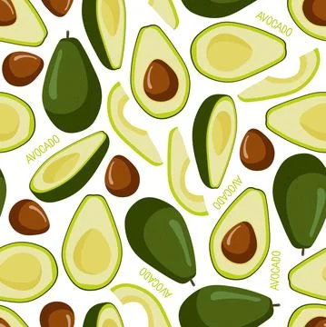 Avocado seamless pattern whole and sliced fruits. Organic health care products Stock Illustration