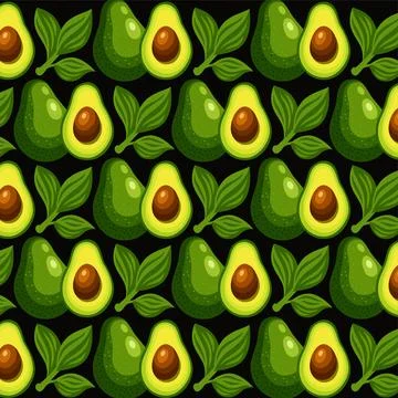 Avocado Seamless Pattern with Whole and Halved Avocados and Leaves Ilustração Stock
