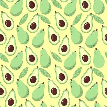 Avocado seamless pattern on yellow. Summer fresh fruit repeat print for textile Stock Illustration