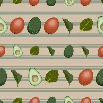Avocado seamless vector pattern on green brown striped background Stock Illustration