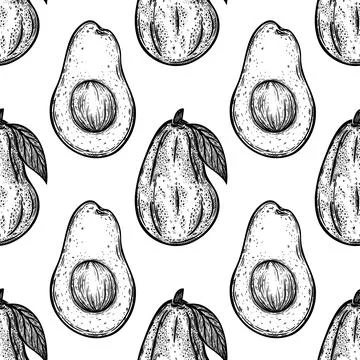 Avocado seamless vector pattern. Whole garden fruit, cut in half Stock Illustration