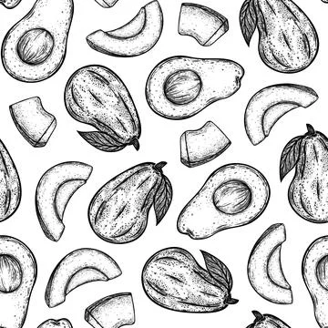 Avocado seamless vector pattern. Whole garden fruit, cut in half, slice Stock Illustration