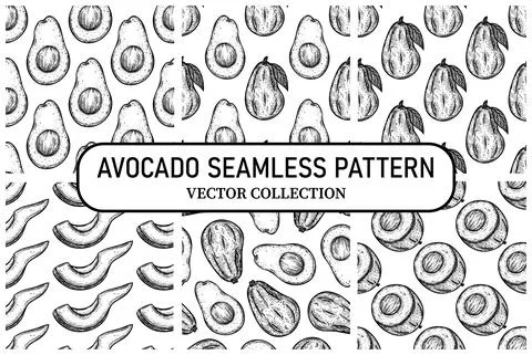 Avocado seamless vector patterns set. Whole fruit, cut in half, slice Illustrazione stock