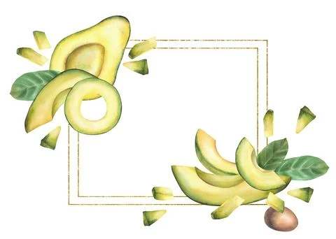 Avocado slices, pulp pieces, fruit seed with leaves rectangular golden fram.. Stock Illustration