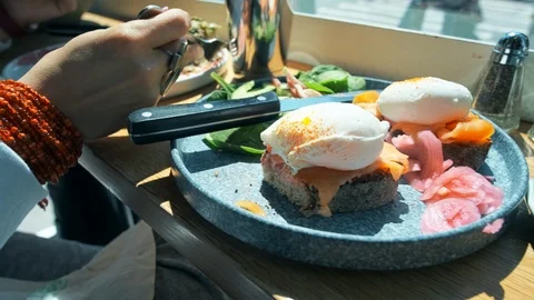 Avocado Toast Eggs Florentine and Coffee Breakfast 4K Stock Footage 106954553