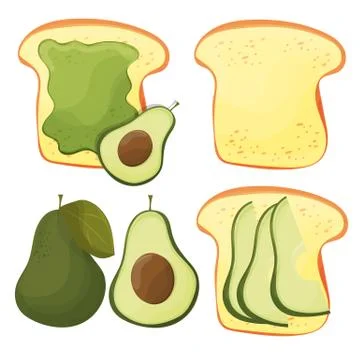Avocado toast - vector set. Fresh toasted bread with avocado. Delicious sandw Stock Illustration