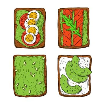 Avocado toasts. Top view. Hand-drawn style. Isolated. Stock Illustration
