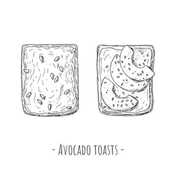 Avocado toasts. Top view. Hand-drawn style. Isolated. Stock Illustration
