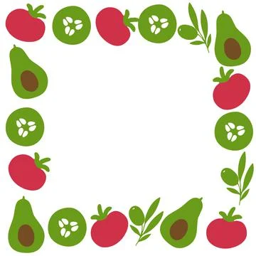 Avocado, tomato cucumber olive frame. Organic healthy vegetable wallpaper. Do Stock Illustration