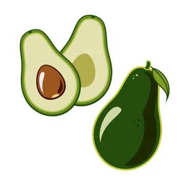 Avocado vector isolated on white backgroud. Green avocado whole, cut in half  Stock Illustration