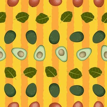 Avocado vector seamless pattern illustration on yellow orange stripes Stock Illustration