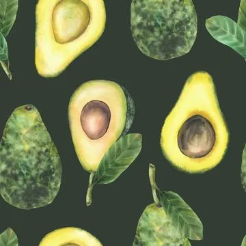 Avocado watercolor seamless pattern. Whole and cut fruit half with seed and.. Stock Illustration