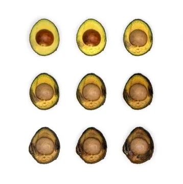 Avocadoes in sequence decaying against white background Stock Photos