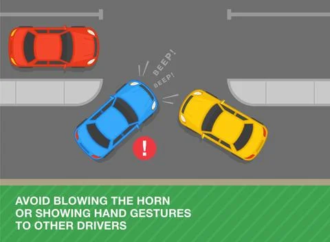 Avoid blowing the horn or showing hand gestures to other drivers. Top view. Stock Illustration