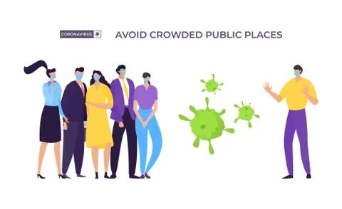 Avoid crowded place banner, coronavirus protection vector illustration. Masked Ilustración de archivo