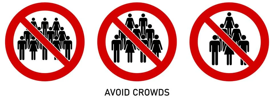 Avoid crowds social distancing sign. Group of people drawing in red crossed c Stock Illustration