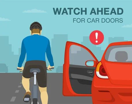 Avoid the door zone. Driver opens car door in front of cyclist. Stock Illustration