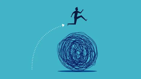 Avoid problems. Silhouette of a man jumping from the chaos. vector 스톡 일러스트