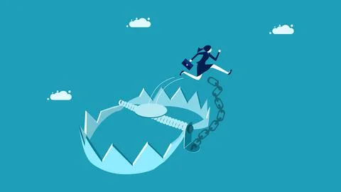 Avoid risks and problems. Business Woman jumping out of a trap. business conc Stockillustratie