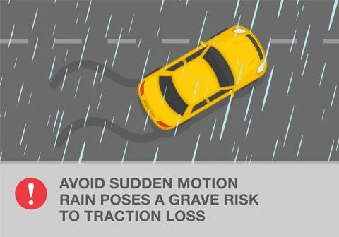 Avoid sudden motion, rain poses a grave risk to traction loss. Top view. Stock Illustration