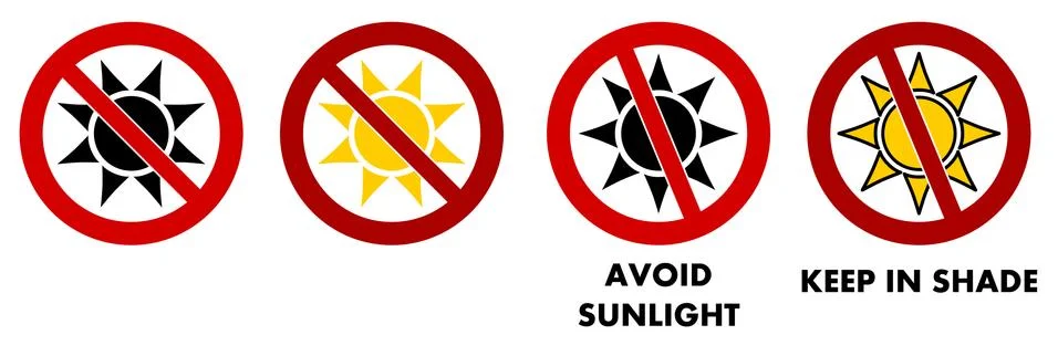 Avoid sunlight  / Keep in shade sign. Sun icon with red crossed circle. Stock Illustration