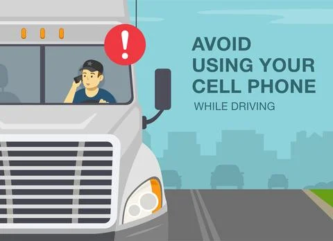 Avoid using your cell phone while driving. Truck driver talking on the phone. Stock Illustration