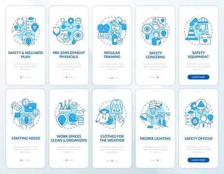 Avoiding injuries at work tips blue onboarding mobile app screen set Stock Illustration