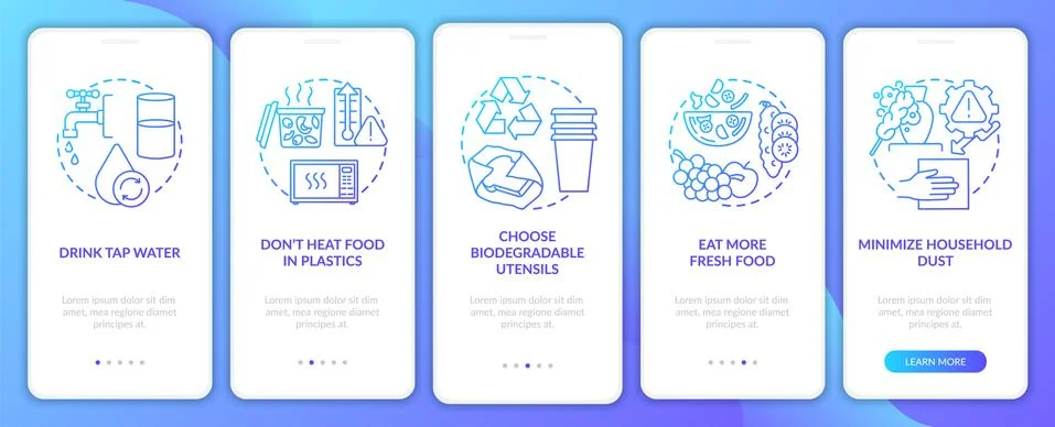 Avoiding microplastics tips onboarding mobile app page screen with concepts Ilustración de archivo
