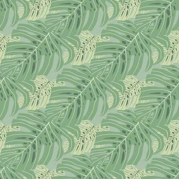 Avstract pale seamless doodle pattern with green monstera shapes. Botanical e Stock Illustration