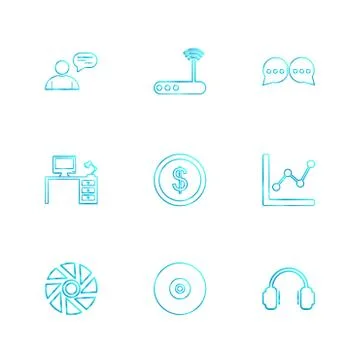 Avtar , wifi router  , message , computer table , dollar , coin , graph , whe Stock Illustration