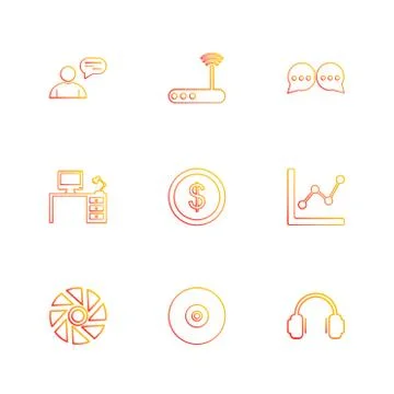 Avtar , wifi router  , message , computer table , dollar , coin , graph , whe Stock Illustration