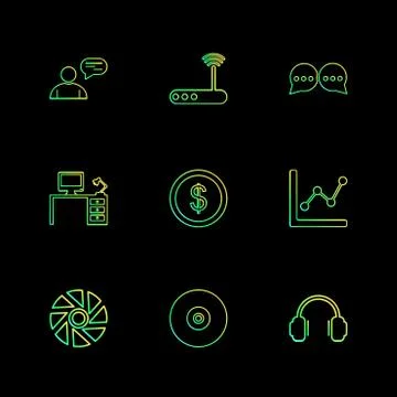 Avtar , wifi router  , message , computer table , dollar , coin , graph , whe Stock Illustration