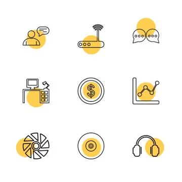 Avtar , wifi router  , message , computer table , dollar , coin , graph , whe Stock Illustration