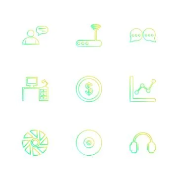 Avtar , wifi router  , message , computer table , dollar , coin , graph , whe Illustrazione stock