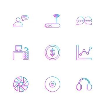 Avtar , wifi router  , message , computer table , dollar , coin , graph , whe Stock Illustration