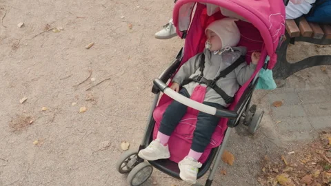 Awake infant in pink stroller overlooking park pathway bench and fallen leaves 動画素材 330430329