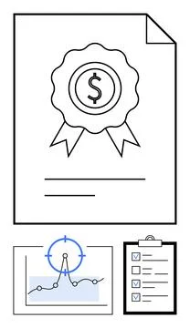 Award certificate featuring dollar emblem, line graph with target focus, and  Stock Illustration