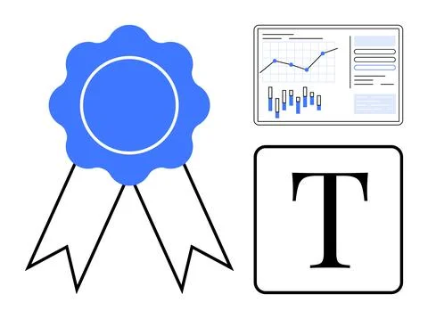 Award Ribbon, Data Analytics Screen, and Typography Element Highlighting Ac.. Stock Illustration